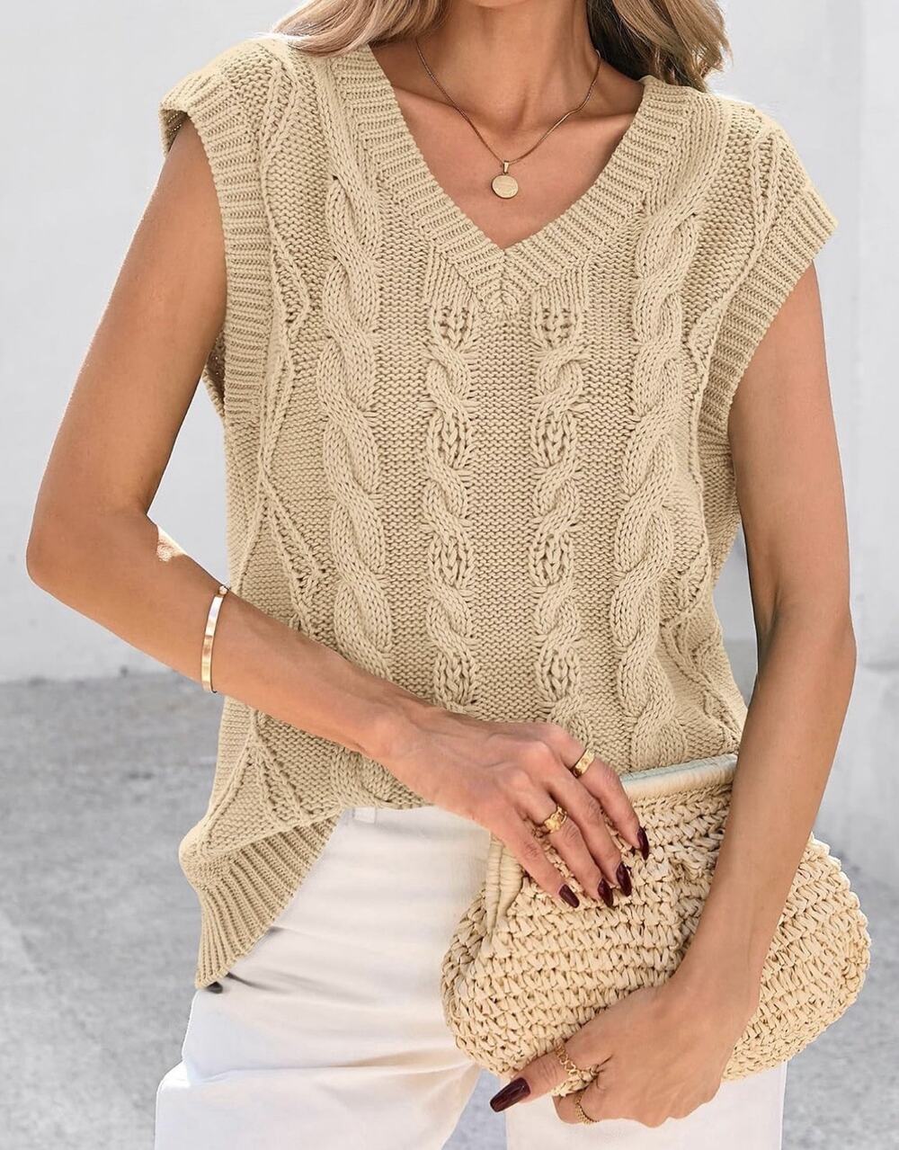 BTFBM Oversized V Neck Cable Knit Sweater Vest Beige Women’s S